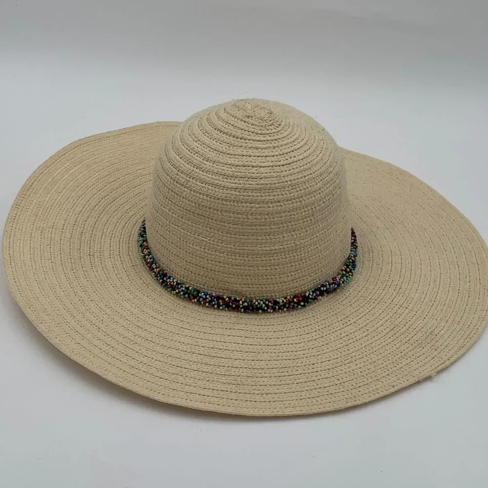 The Accessory Collective Wide Brim Straw Sun Hat Beaded Band Panama Style OS